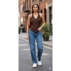 PEACH‎ Brown Ruched Halter Top Asymmetrical Hem Textured Stretch Women L